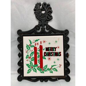 Vintage Artmark Cast Iron Trivet Tile Merry Christmas Wall Plaque Rooster